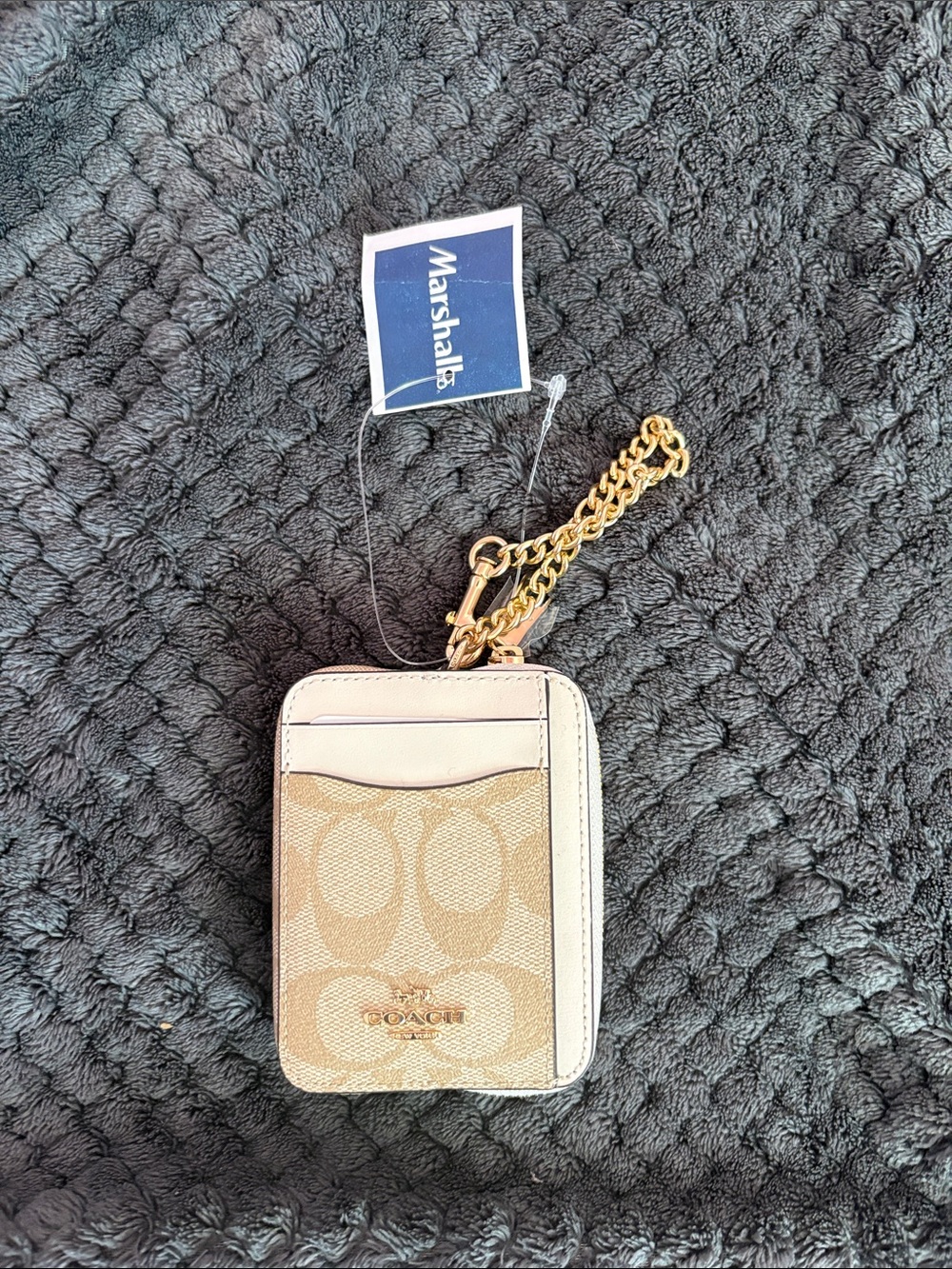 Coach Signature Beige Card Case with Gold Chain